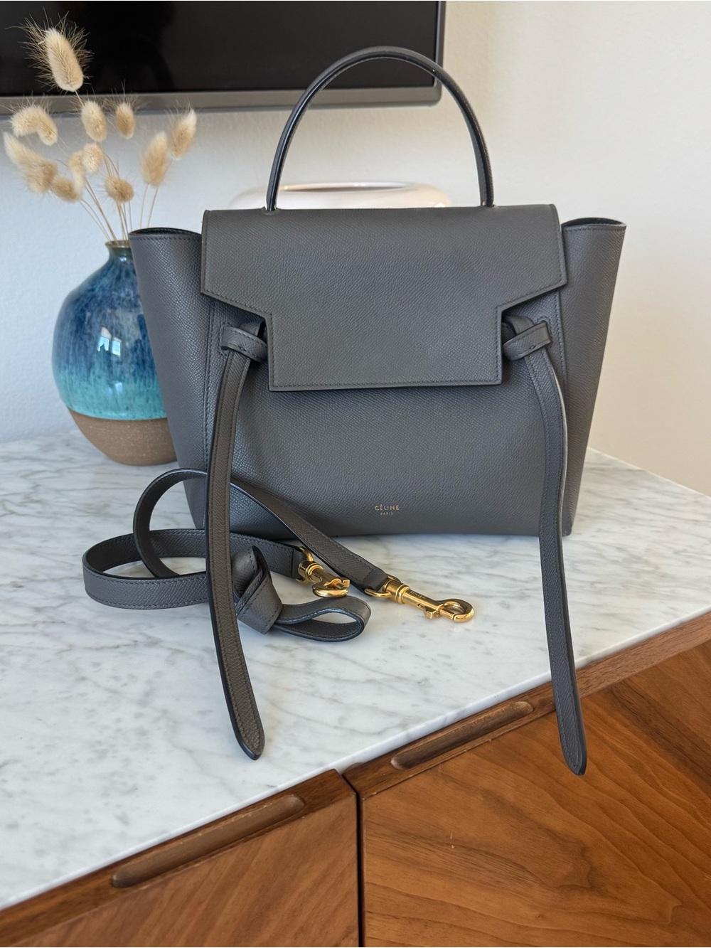 Celine Gray Leather Nano Belt Bag with Gold Hardware